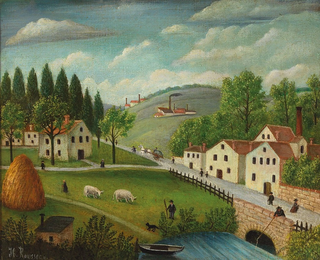 Paesaggio pastorale con ruscello, pescatore e passeggino, 1875